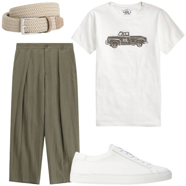 Outfit uomo - Pantaloni larghi e comodi. Stile Trendy per Serata speciale. Abbinamento con cinture, t-shirt, sneakers, pantaloni.
