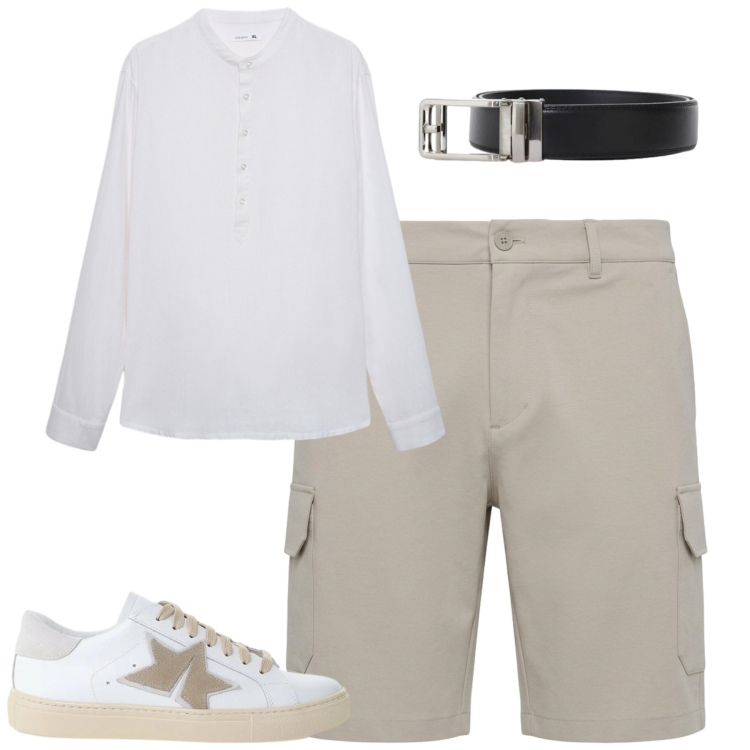 Outfit uomo - Aperitivo. Stile Casual per Serata speciale. Abbinamento con camicie, pantaloni corti, cinture, sneakers.