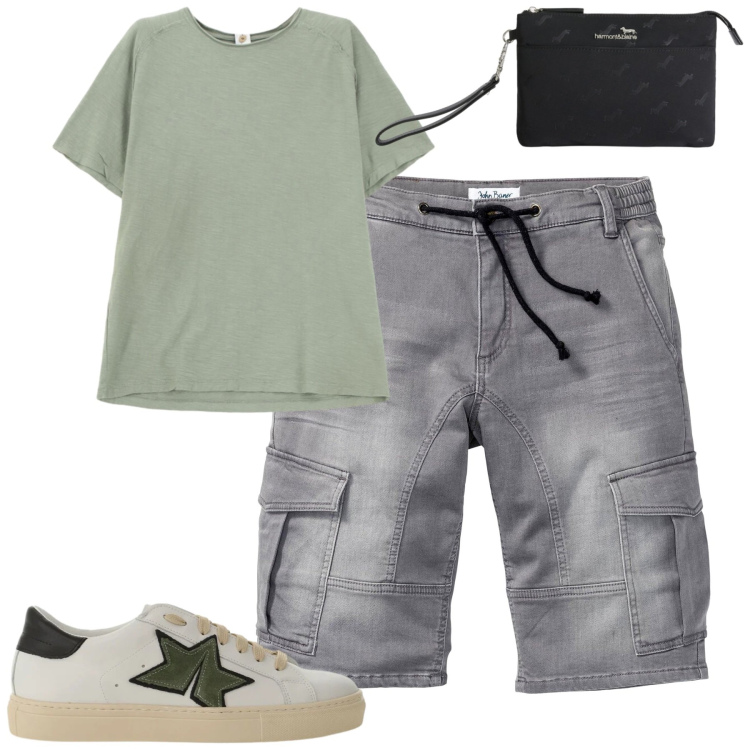 Outfit uomo - Giugno. Stile Casual per Tutti i giorni. Abbinamento con bermuda, sneakers, t-shirt, borse sportive.