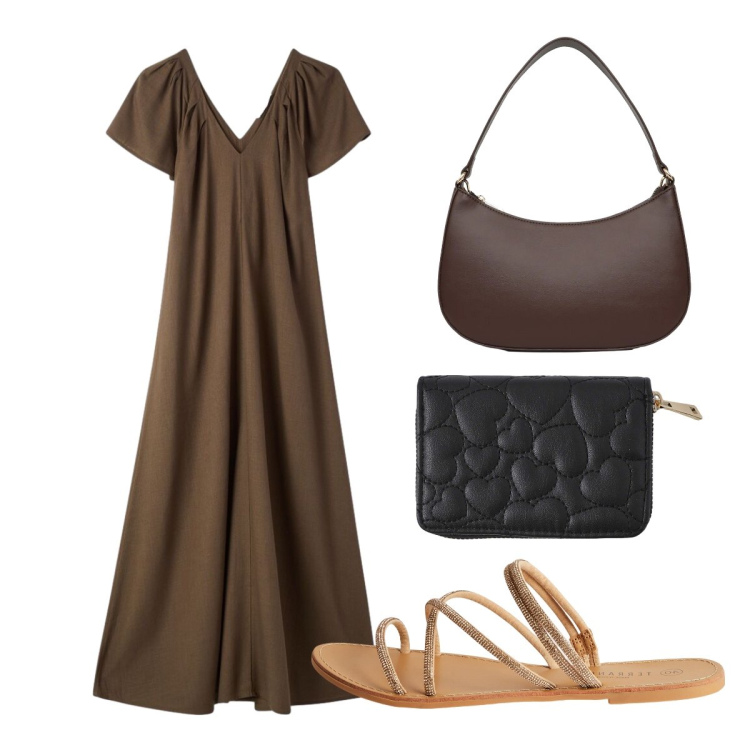 Outfit donna - Vestito Lino Terranova. Stile Boho per Tutti i giorni. Abbinamento con portafogli, sandali, vestiti lunghi, borse a tracolla.
