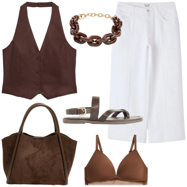 Outfit donna - Outfit ideas Summer edition. Stile Casual chic per Tutti i giorni. Abbinamento con reggiseni, braccialetti, sandali, gilet, pantaloni, borse a spalla.