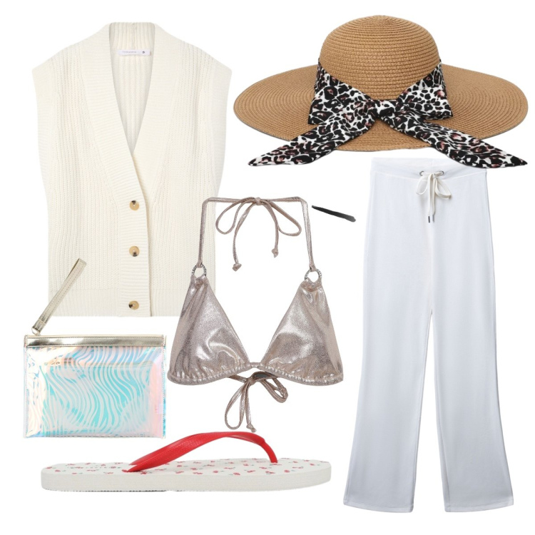 Outfit donna - Terranova - Island of summer. Stile Trendy per Mare. Abbinamento con bikini, gilet, pantaloni, pochette, cappelli, infradito.