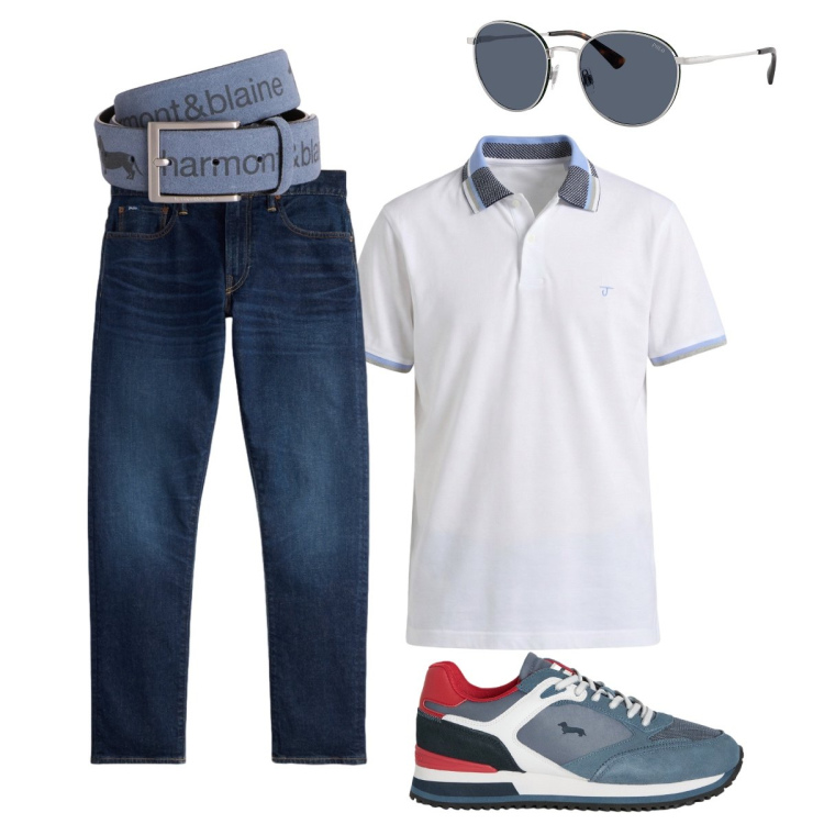 Outfit uomo - La polo versatile. Stile Trendy per Ufficio. Abbinamento con cinture, polo, sneakers, jeans, occhiali da sole.