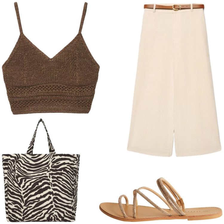 Outfit donna - Tempo libero. Stile Boho per Tutti i giorni. Abbinamento con sandali, top, shopping bag, pantaloni a palazzo.