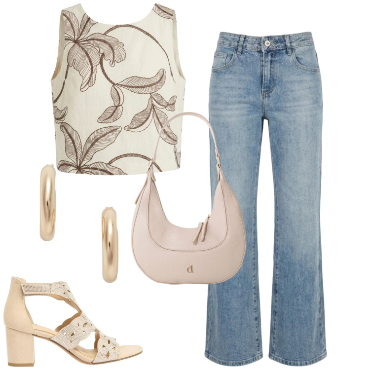 Outfit donna - Total look #2419886. Stile Casual chic per Tutti i giorni. Abbinamento con sandali col tacco, orecchini, borse a tracolla, top, jeans.