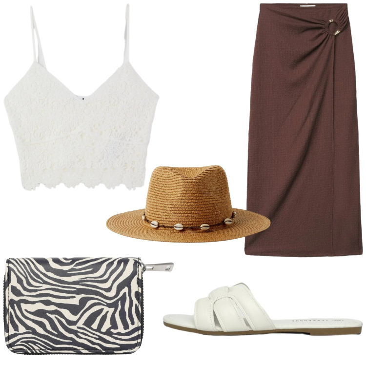 Outfit donna - Weekend al mare. Stile Boho per Mare. Abbinamento con gonne lunghe, cappelli, top, portafogli, ciabatte.