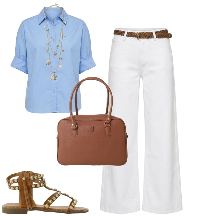 Outfit donna - In ufficio a giugno. Stile Casual chic per Ufficio. Abbinamento con collane, sandali, cappotti, pantaloni, camicie a manica corta.