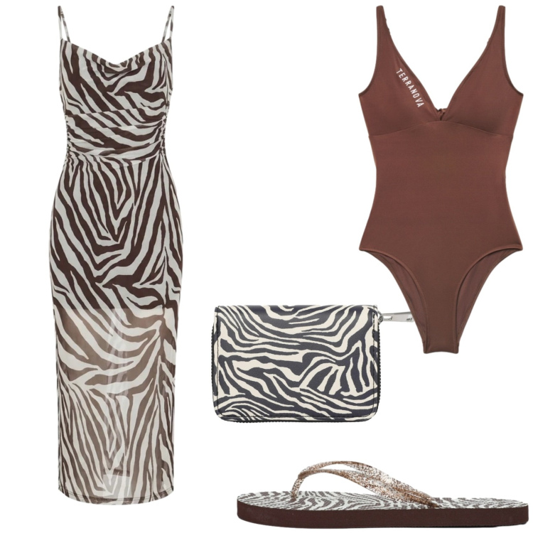 Outfit donna - Aperitivo in spiaggia. Stile Glamour per Mare. Abbinamento con costumi interi, vestiti lunghi, portafogli, infradito.