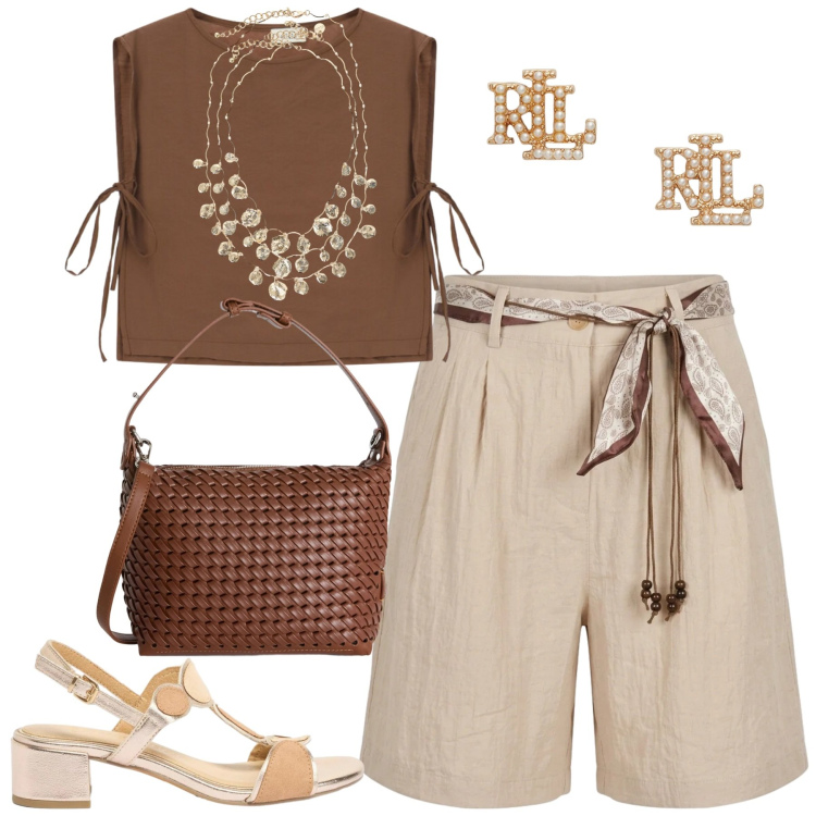 Outfit donna - City. Stile Casual chic per Tutti i giorni. Abbinamento con sandali col tacco, borse a spalla, orecchini, collane, top, bermuda.