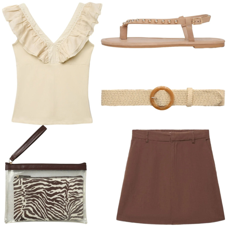 Outfit donna - Glam in città. Stile Glamour per Tutti i giorni. Abbinamento con canottiere, pochette, shorts, cinture, ciabatte.
