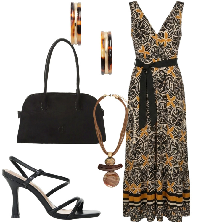 Outfit donna - Serata. Stile Etnico per Serata fuori. Abbinamento con sandali col tacco, ciondoli, orecchini, cappotti, vestiti lunghi.
