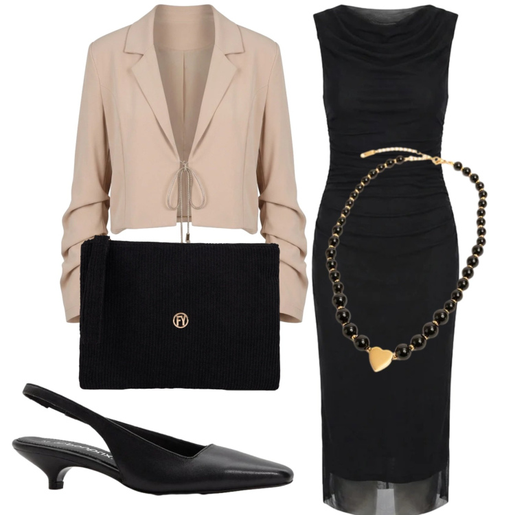 Outfit donna - Total look #2419935. Stile Chic per Cerimonia. Abbinamento con décolleté, pochette, ciondoli, blazer, vestiti midi/longuette.
