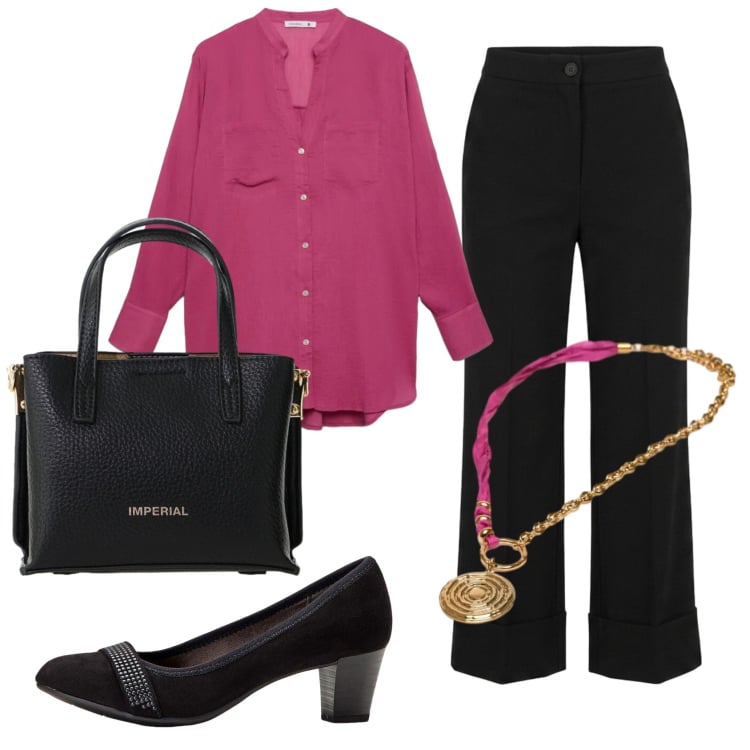 Outfit donna - Total look #2419946. Stile Bon Ton per Ufficio. Abbinamento con décolleté, camicie, borse a tracolla, ciondoli, pantaloni a palazzo.