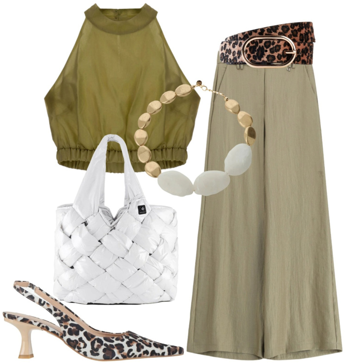 Outfit donna - In città. Stile Casual chic per Tutti i giorni. Abbinamento con décolleté, cinture, pantaloni a palazzo, collane, top, borse tote.