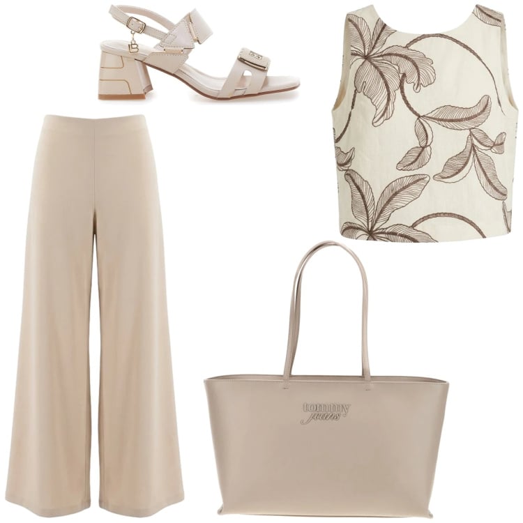 Outfit donna - Raffinata e Chic. Stile Chic per Tutti i giorni. Abbinamento con pantaloni, top, sandali col tacco, borse a spalla.