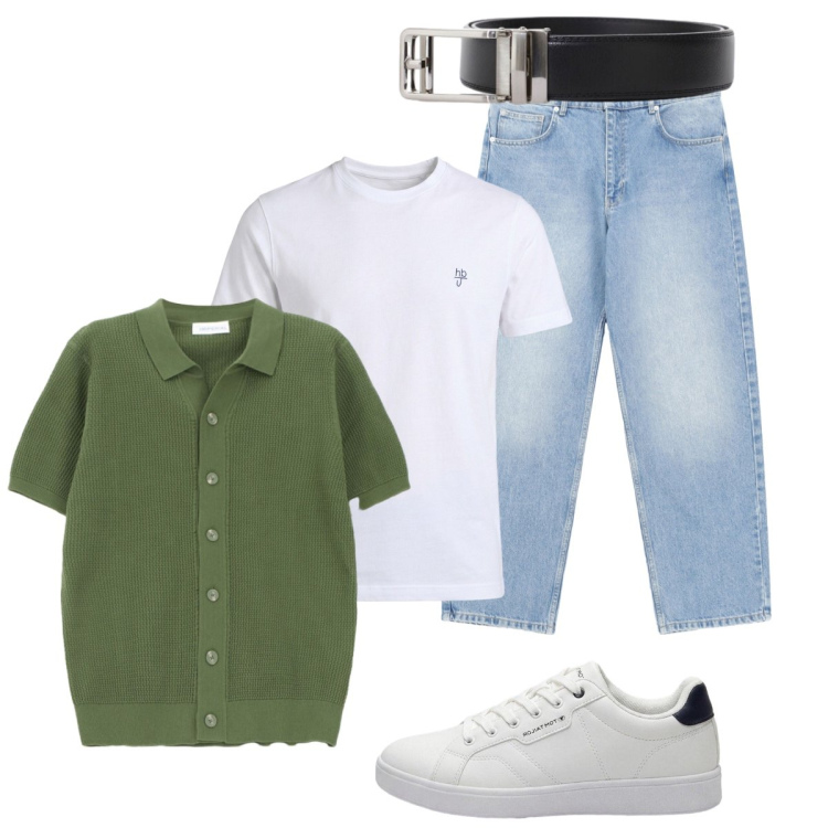 Outfit uomo - L’essenzialita’delle sneakers bianche. Stile Casual per Ufficio. Abbinamento con sneakers, jeans, cinture, cardigans, t-shirt.