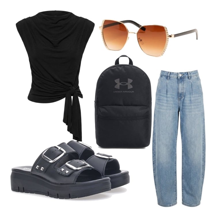 Outfit donna - Summer Top e occhiali raffinati. Stile Casual chic per Scuola/Università. Abbinamento con jeans, occhiali da sole, top, zaini, sandali col tacco.