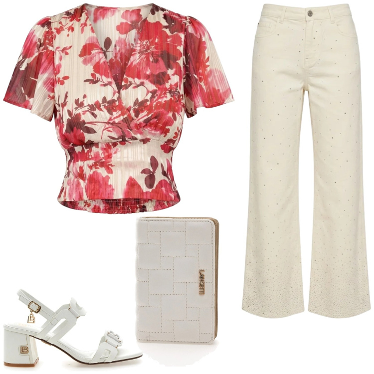 Outfit donna - Il completo estivo chic. Stile Chic per Tutti i giorni. Abbinamento con jeans a zampa, top, portafogli, sandali col tacco.