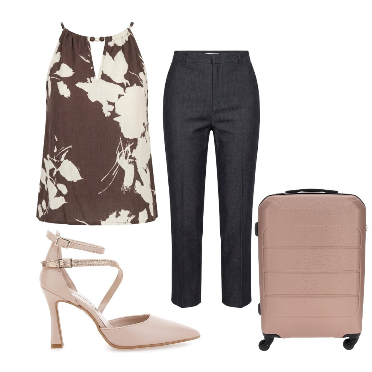 Outfit donna - Summer con stampa. Stile Bon Ton per Tutti i giorni. Abbinamento con jeans dritti, canottiere, décolleté, valigie.