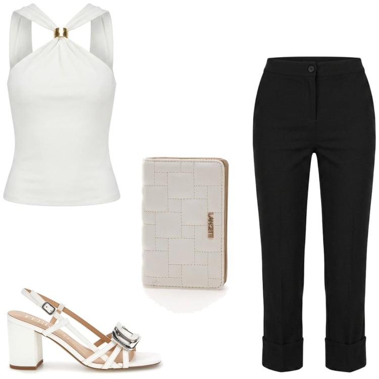 Outfit donna - Look di carattere. Stile Chic per Tutti i giorni. Abbinamento con top, pantaloni, portafogli, sandali in pelle.