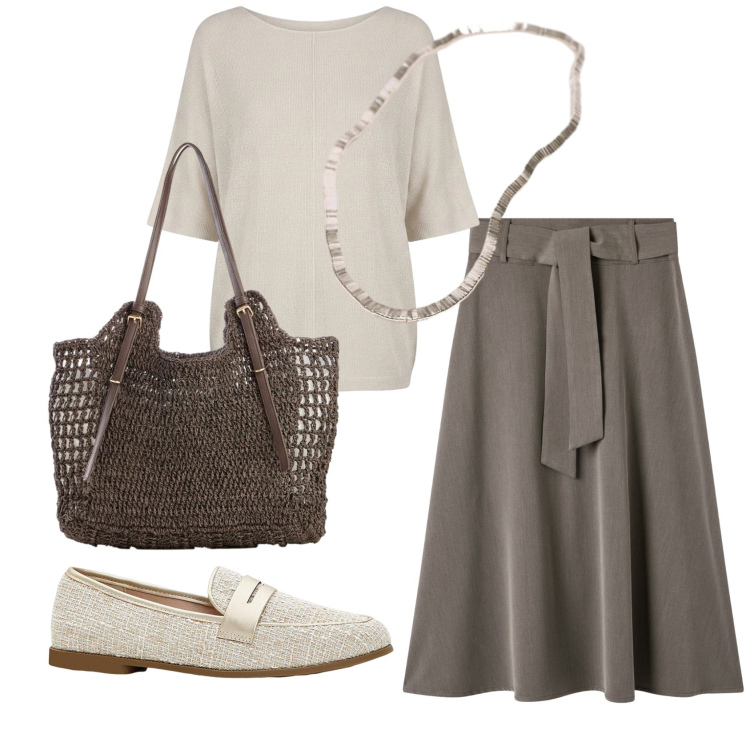 Outfit donna - Total look #2419966. Stile Bon Ton per Ufficio. Abbinamento con mocassini, shopping bag, gonne lunghe, bluse, collane.