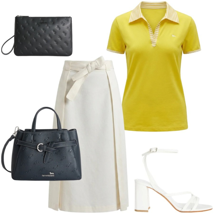 Outfit donna - In ufficio d\'estate. Stile Urban per Tutti i giorni. Abbinamento con polo, sandali in pelle, anelli, gonne longuette, borse a mano.