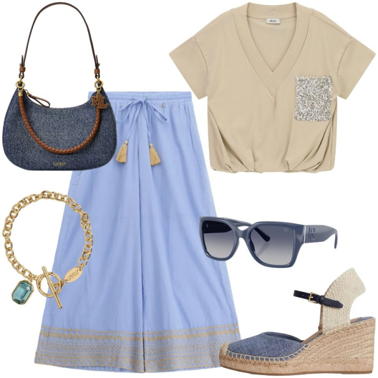 Outfit donna - Sabbia e azzurro di giorno. Stile Boho per Tutti i giorni. Abbinamento con pantaloni a palazzo, t-shirt, occhiali da sole, espadrillas, borse a spalla, braccialetti.