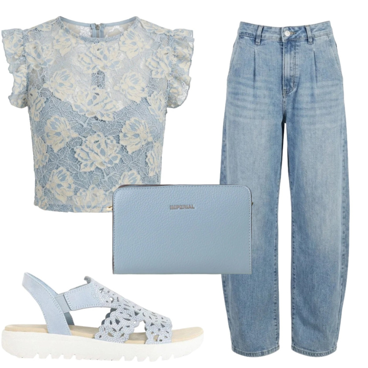 Outfit donna - Total look #2419971. Stile Romantica per Tutti i giorni. Abbinamento con sandali col tacco, borse a tracolla, top, jeans.