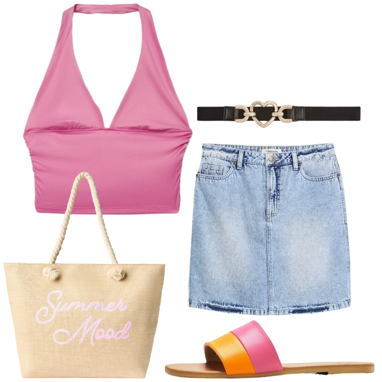 Outfit donna - Total look #2419972. Stile Trendy per Mare. look ideale per Petite. Abbinamento con minigonne, ciabatte, cinture, borse tote, top.