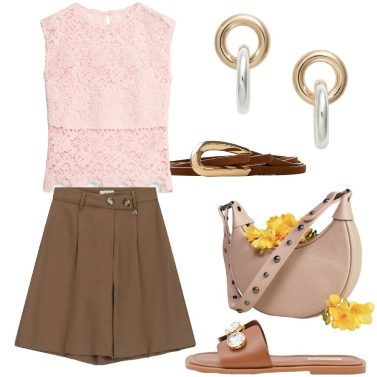 Outfit donna - Glamour in bermuda. Stile Glamour per Tutti i giorni. Abbinamento con canottiere, cinture, sandali gioiello, orecchini, borse a spalla, bermuda.