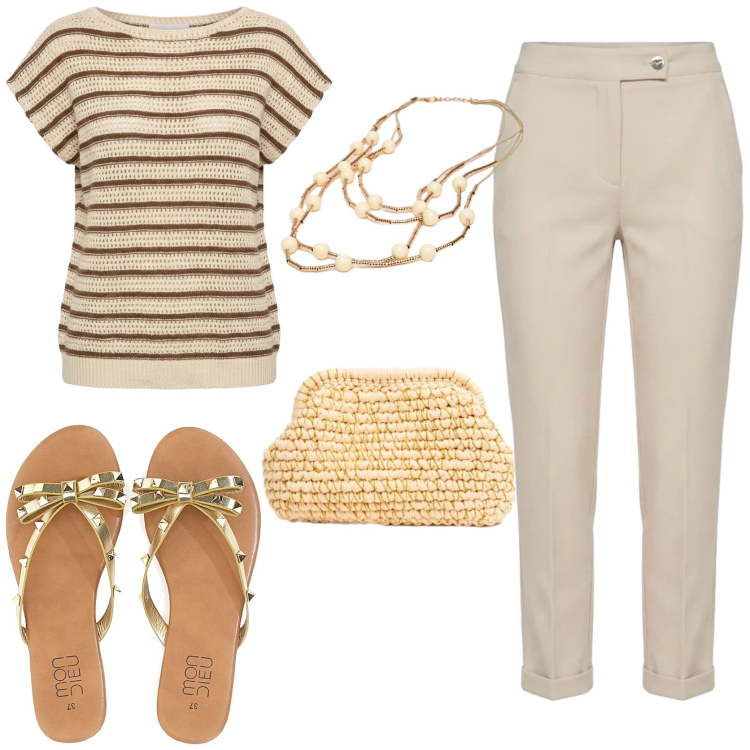 Outfit donna - Summer style edition. Stile Chic per Tutti i giorni. Abbinamento con t-shirt, pantaloni, clutch, collane, infradito.