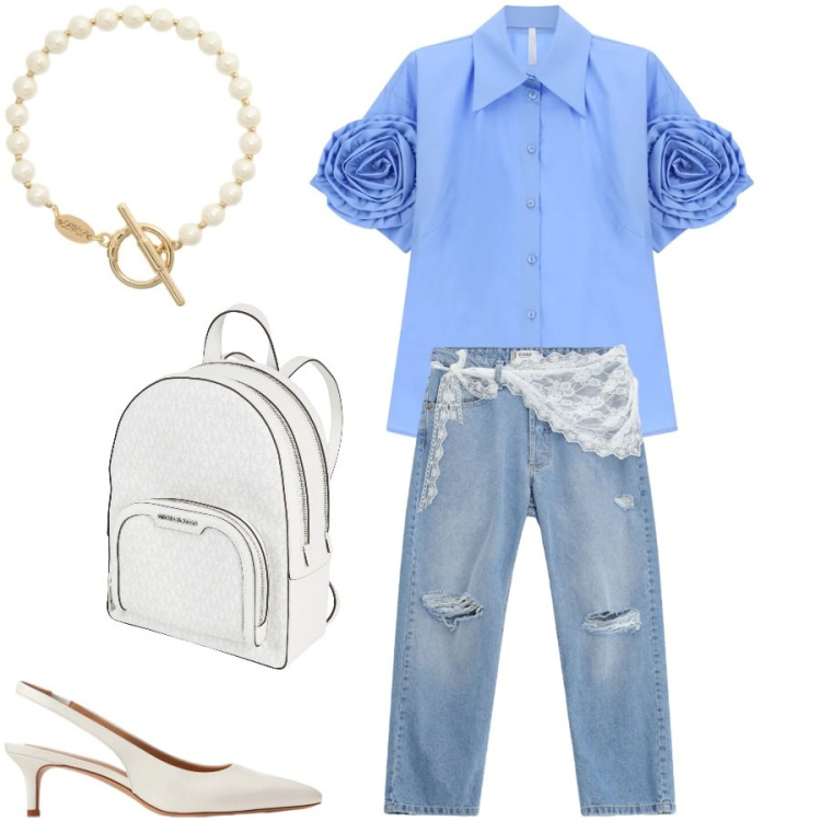 Outfit donna - Total look #2419977. Stile Trendy per Cerimonia. Abbinamento con zaini, camicie a manica corta, jeans strappati, décolleté, braccialetti.
