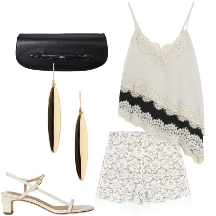 Outfit donna - Festa di inizio estate. Stile Sexy per Serata fuori. Abbinamento con shorts, clutch, sandali in pelle, orecchini, top.