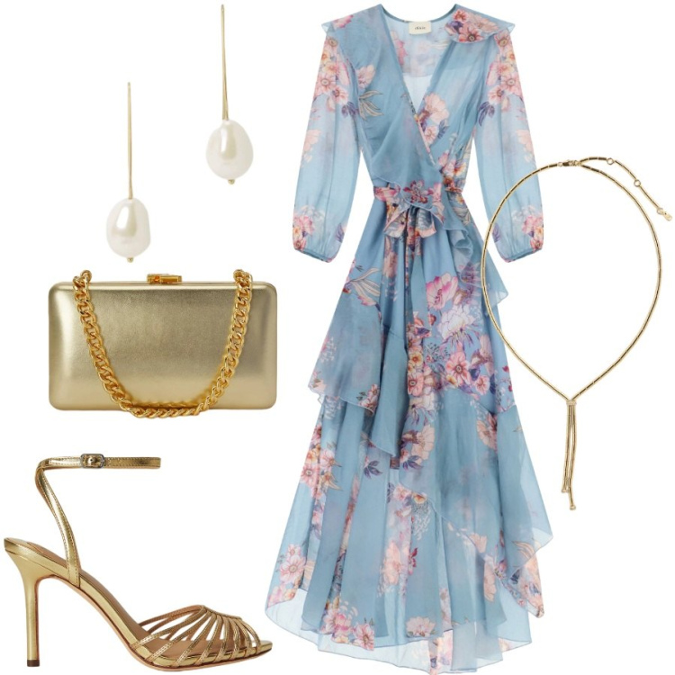 Outfit donna - Cerimonia di sera. Stile Chic per Cerimonia. Abbinamento con clutch, sandali in pelle, orecchini, collane, vestiti lunghi.