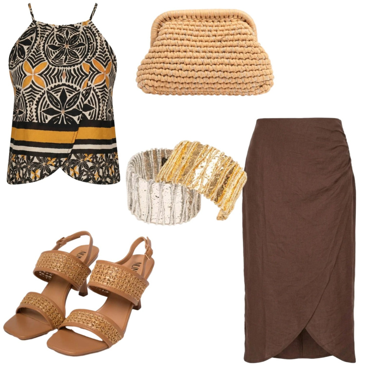 Outfit donna - Il top raffinato. Stile Chic per Tutti i giorni. Abbinamento con gonne longuette, sandali in pelle, canottiere, clutch, braccialetti.