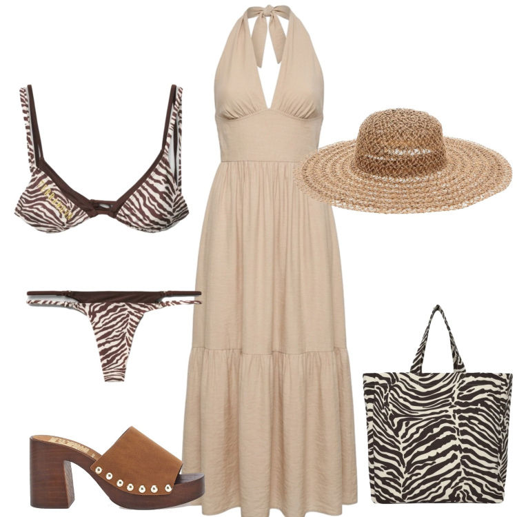 Outfit donna - Total look #2419983. Stile Trendy per Mare. Abbinamento con vestiti lunghi, shopping bag, bikini, bikini, zoccoli, cappelli.