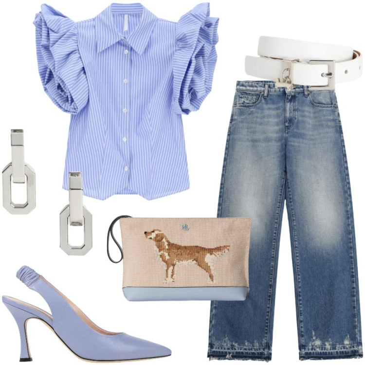 Outfit donna - Festa di diploma. Stile Casual chic per Cerimonia. Abbinamento con décolleté, cinture, camicie a manica corta, jeans, pochette, orecchini.