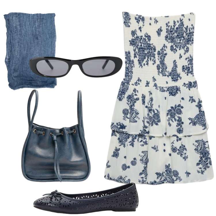 Outfit donna - Total look #2419985. Stile Romantica per Tutti i giorni. Abbinamento con ballerine, vestiti corti, borse a secchiello, sciarpe, occhiali da sole.