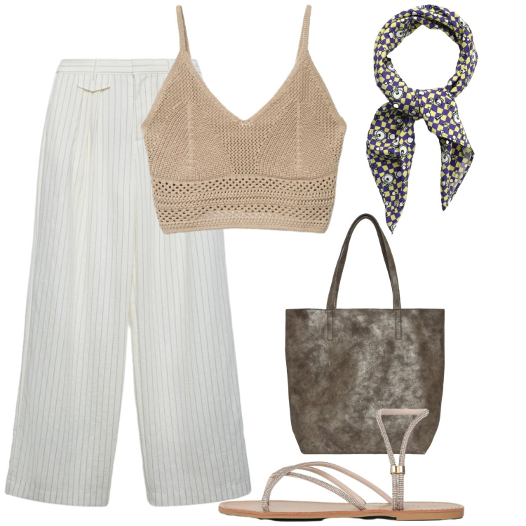 Outfit donna - Total look #2419986. Stile Minimal per Tutti i giorni. Abbinamento con pantaloni, top, shopping bag, foulard, sandali.