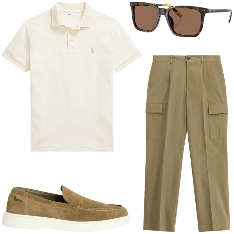 Outfit uomo - Ufficio. Stile Business/Elegante per Ufficio. Abbinamento con scarpe stringate, occhiali da sole, polo, pantaloni cargo.
