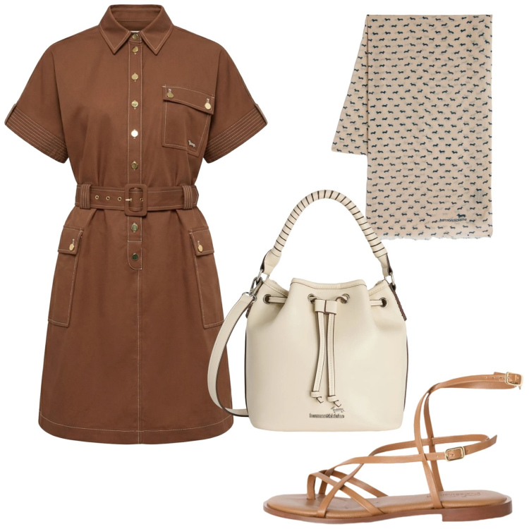Outfit donna - Casual chic colori della terra. Stile Casual chic per Tutti i giorni. Abbinamento con vestiti chemisier, sandali in pelle, sciarpe, borse a secchiello.