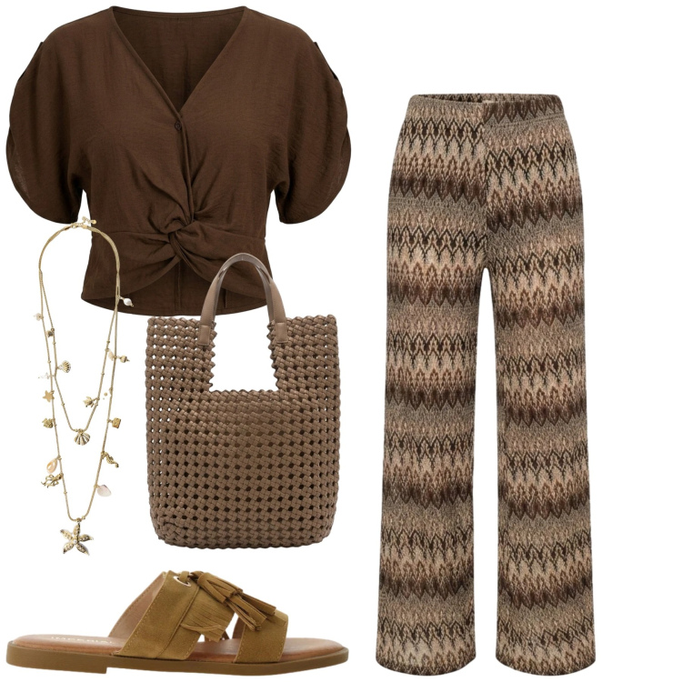 Outfit donna - Al mare. Stile Trendy per Mare. Abbinamento con sandali, collane, pantaloni, t-shirt, borse tote.