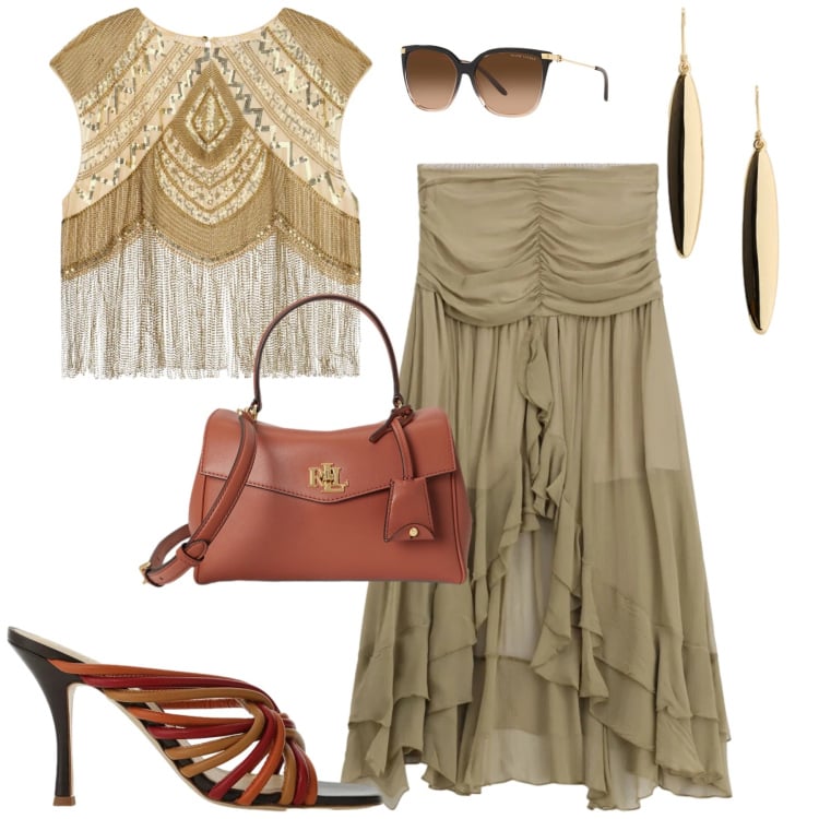 Outfit donna - Boho. Stile Boho per Serata fuori. Abbinamento con occhiali da sole, borse a mano, orecchini, gonne longuette, top, sandali.