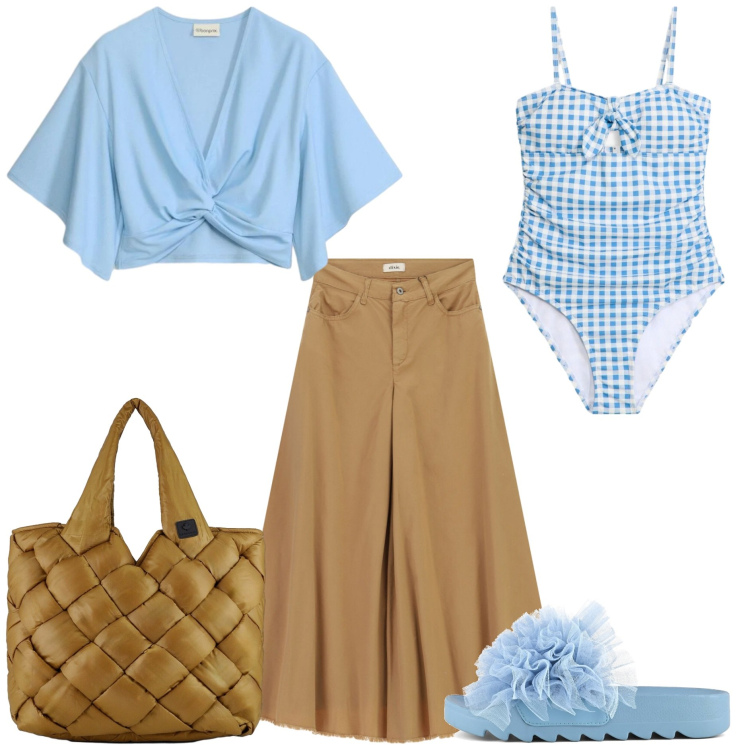 Outfit donna - Mediterranean Chic. Stile Casual chic per Mare. Abbinamento con bluse, costumi interi, gonne lunghe, borse tote, ciabatte.