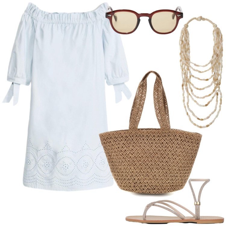 Outfit donna - Trendy chic mediterraneo. Stile Trendy per Tutti i giorni. Abbinamento con vestiti, sandali, occhiali da sole, collane, borse a spalla.