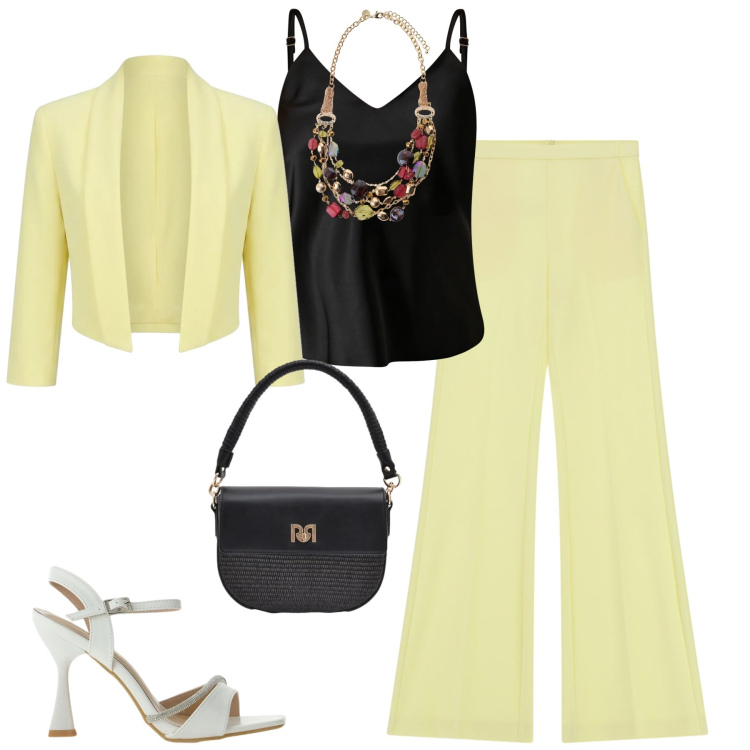 Outfit donna - Ceri. Stile Chic per Cerimonia. Abbinamento con pantaloni, sandali gioiello, top, borse a spalla, bolero, collane.