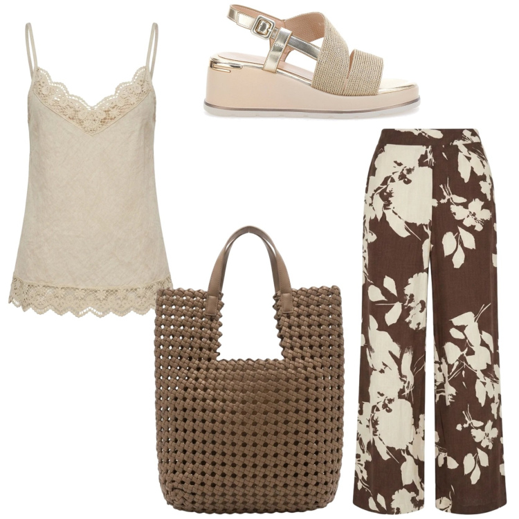 Outfit donna - Summer outfit ideas. Stile Trendy per Tutti i giorni. Abbinamento con canottiere, pantaloni a palazzo, borse tote, sandali col tacco.
