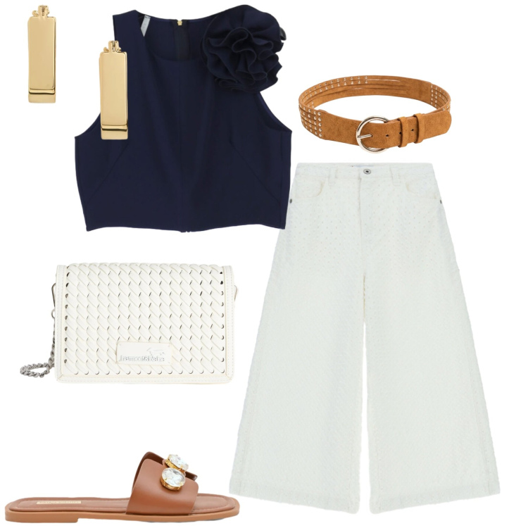Outfit donna - I pantaloni traforati. Stile Casual chic per Tutti i giorni. Abbinamento con borse a tracolla, top, pantaloni a palazzo, sandali gioiello, orecchini, cinture.