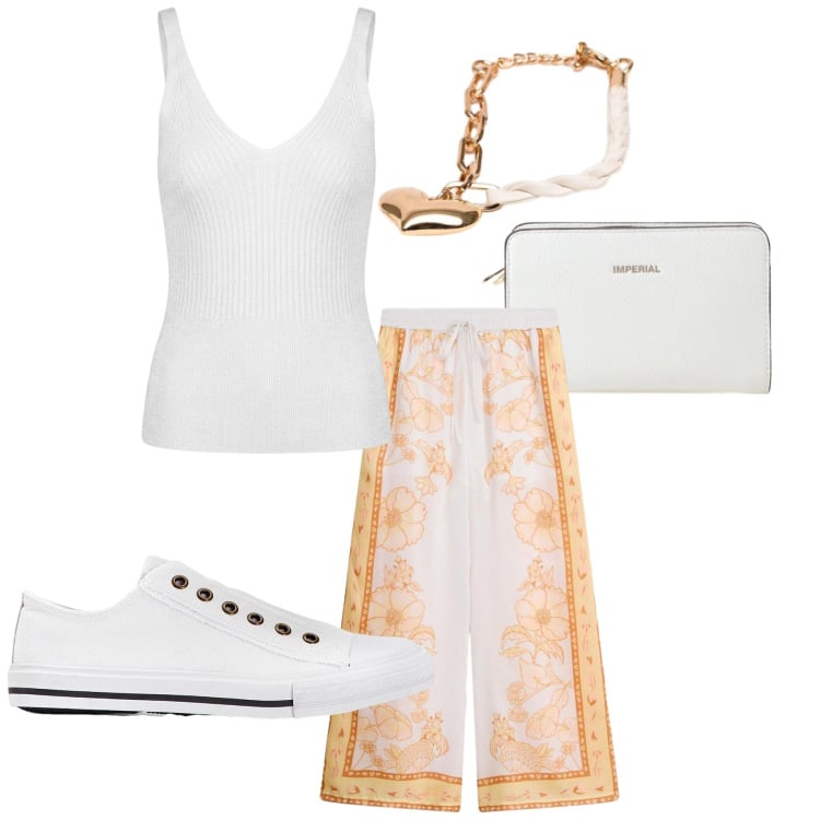 Outfit donna - Total look #2420009. Stile Basic per Tutti i giorni. Abbinamento con pantaloni a palazzo, sneakers, borse a tracolla, canottiere, braccialetti.