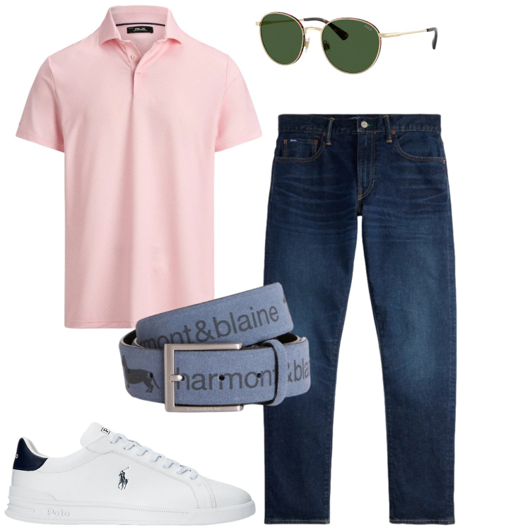 Outfit uomo - Giugno. Stile Casual per Tutti i giorni. Abbinamento con cinture, sneakers, occhiali da sole, jeans, polo.